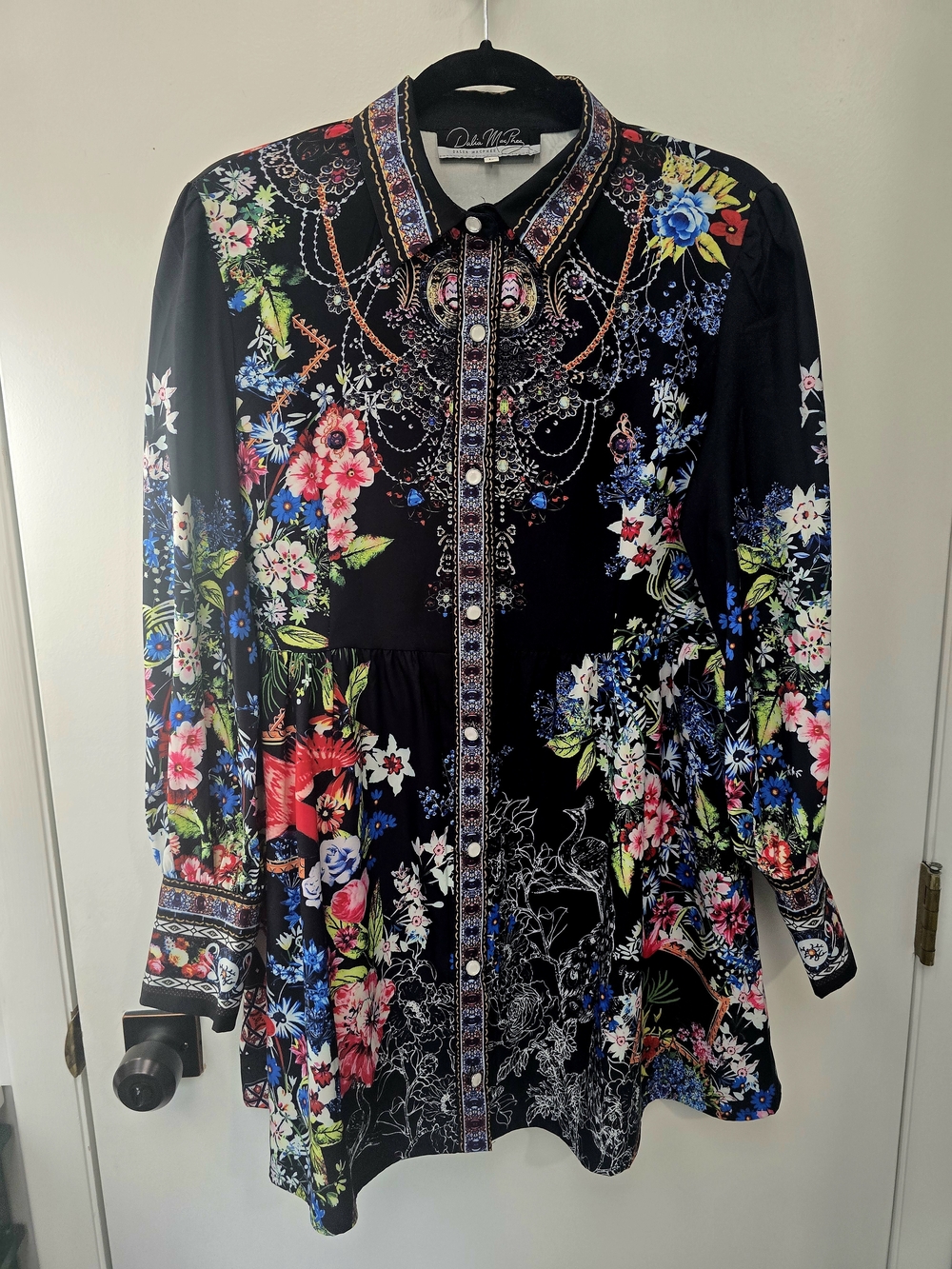 Delia McFee Black Floral Button Down Long Sleeve Minidress-Large CHIC!